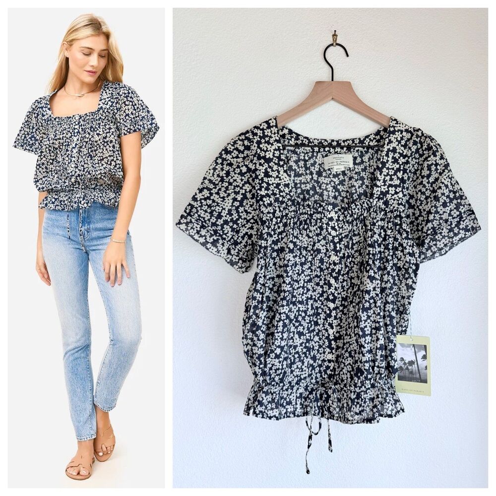 NEW Trovata Birds of Paradis Lorita Square Neck Blouse in Blueprint Floral Sz S